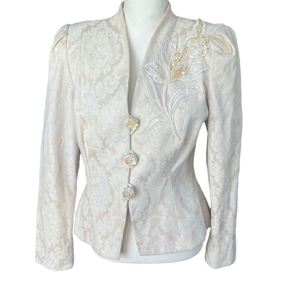 VTG y2k Ursula tapestry jacquard cream ivory blazer formal jacket beaded women 8 - Picture 1 of 7